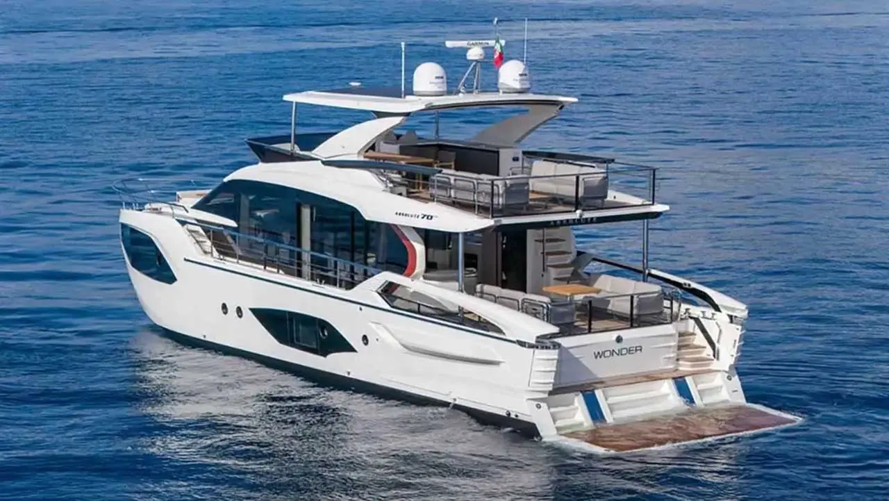 White luxury motor yacht named “WONDER” cruising on blue sea, with multiple decks and an open stern platform.