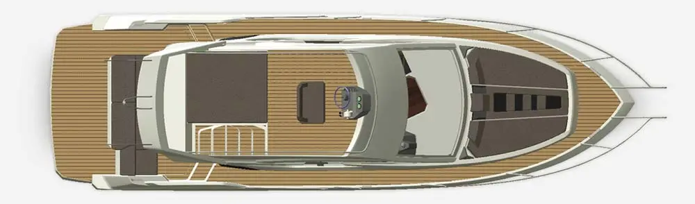 Top view of a sleek motorboat featuring a wooden deck, helm area, and seating arrangements, ideal for recreational cruising.
