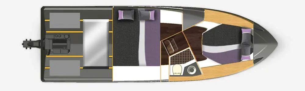 Top-down view of a boat interior layout featuring seating, sleeping areas, and a kitchen space with modern design elements.