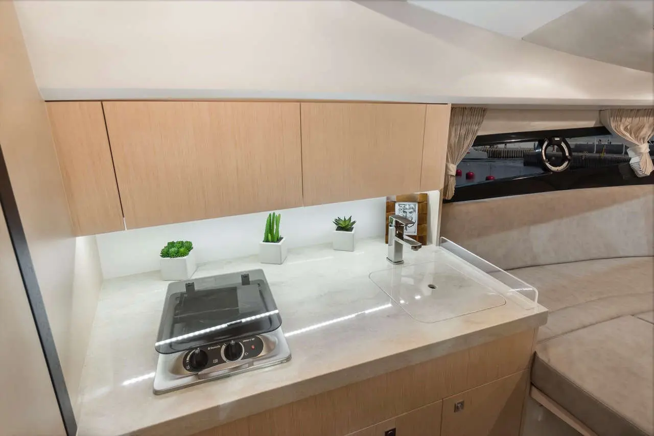 Modern yacht galley with a countertop, a two-burner stove, sink, plants in pots, and a cozy seating area nearby.