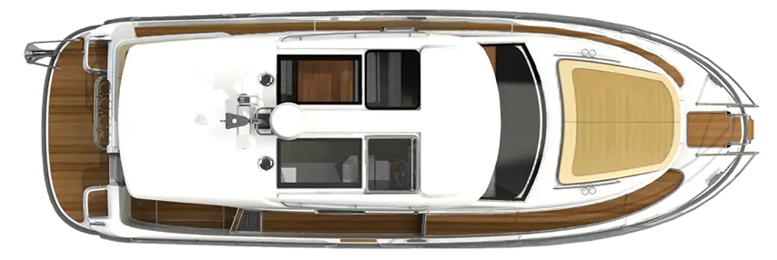 Top-down view of a sleek motorboat featuring wooden decks, a white hull, and modern seating areas.