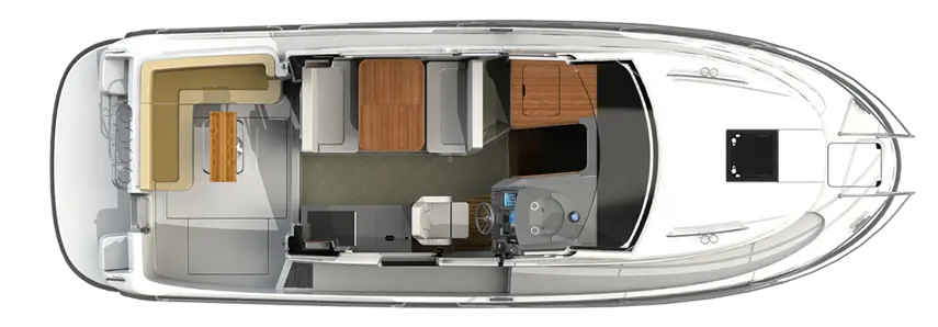 Interior layout of a boat featuring a helm, seating areas, and a dining table in a modern design.