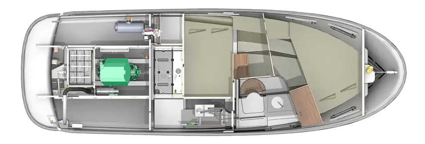 Interior layout of a boat, featuring a sleeping area, bathroom, and mechanical components like a motor and battery.