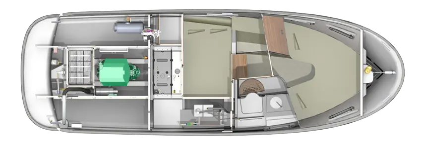 Top-down view of a yacht interior featuring seating, an engine, and storage compartments, designed for functionality and comfort.