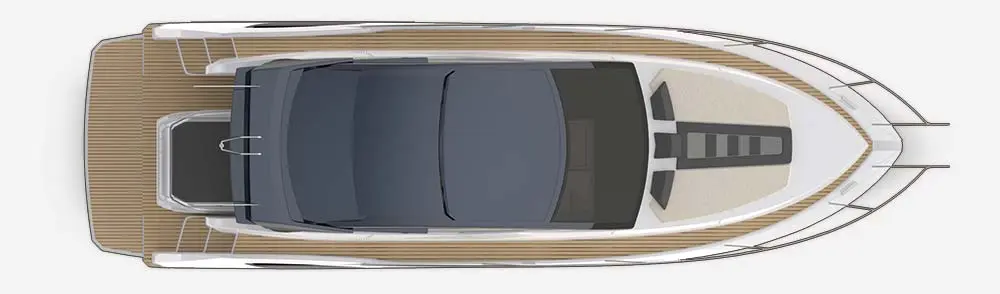 Top view of a modern yacht with a sleek design, featuring a blue-gray cabin and wooden deck detailing.