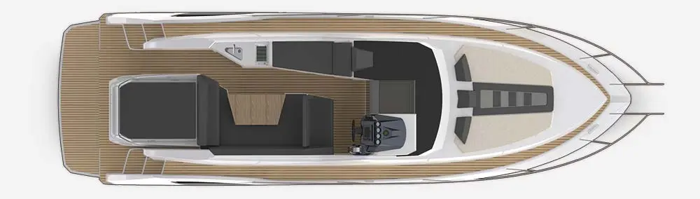 Top view of a sleek motorboat interior featuring seating, a dashboard, and wooden flooring for a modern aquatic design.