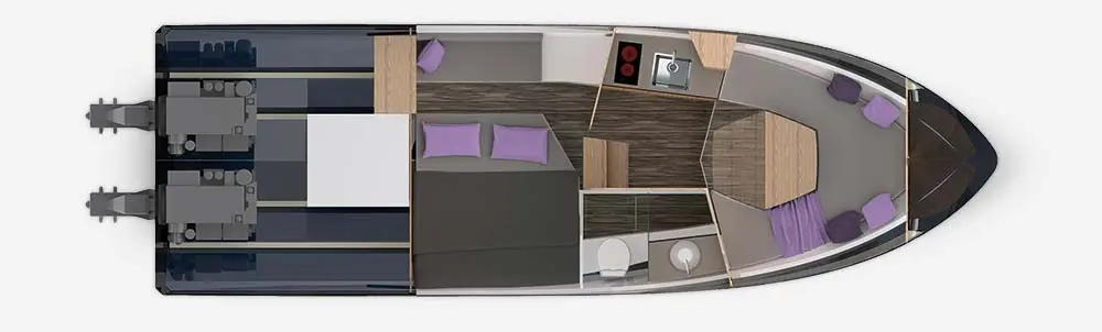 Sleek boat interior layout featuring a bed, kitchen area, seating, and storage space, with purple accents throughout.