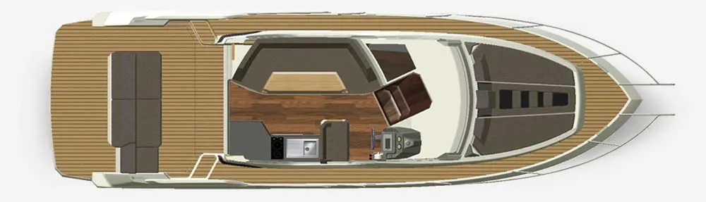 Top view of a modern boat layout featuring seating, a kitchenette, and sleek deck design with wooden flooring.