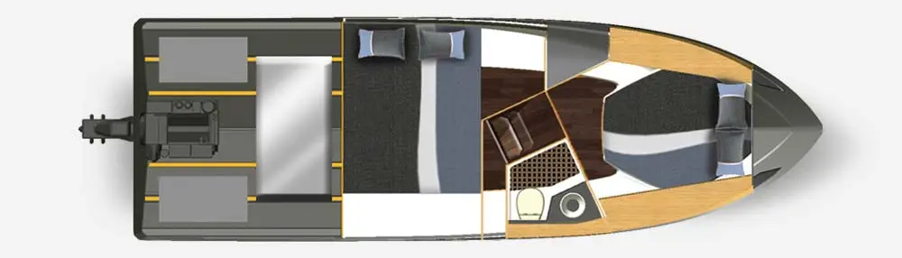 Top view of a modern boat interior with seating areas, cushioned beds, and a control console. Sleek boat design and layout.