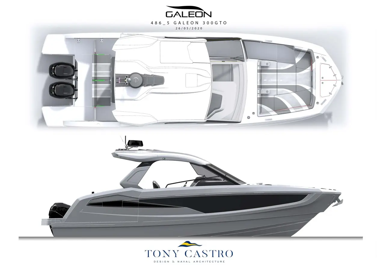 Boat blueprint showing the Galeon 300 GTO design by Tony Castro, including top view and side profile details.