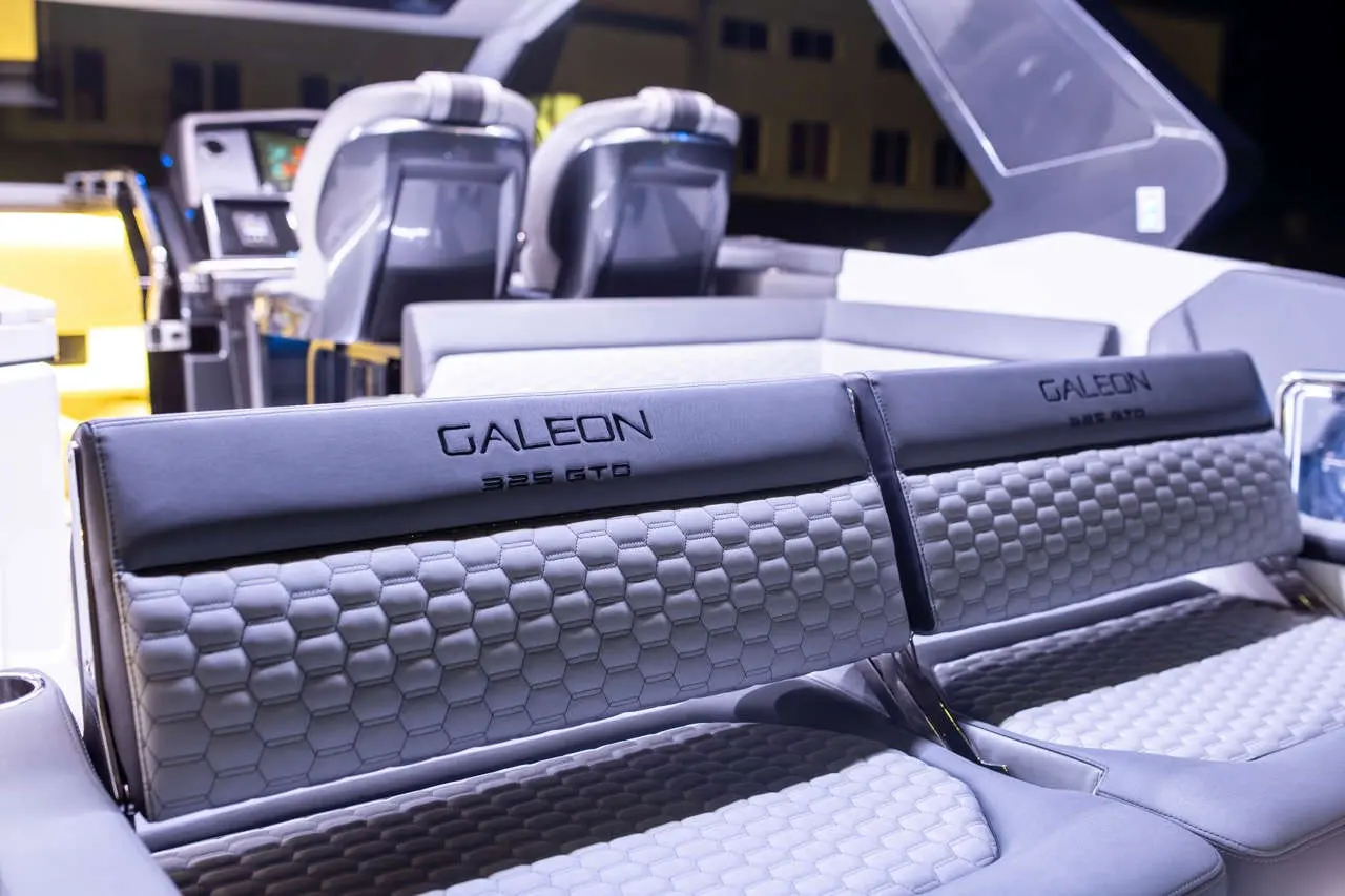 Luxury boat seating featuring hexagonal pattern and the text 