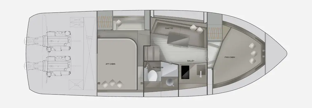 Layout of a yacht interior featuring the aft cabin, dinette, galley, and bathroom. Labels indicate each area.