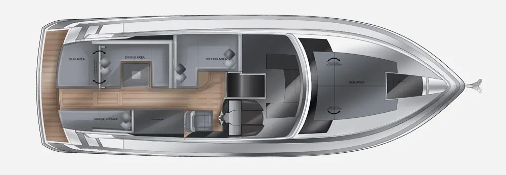Boat interior layout featuring sun area, dining area, sitting area, and chaise longue on a wooden deck.