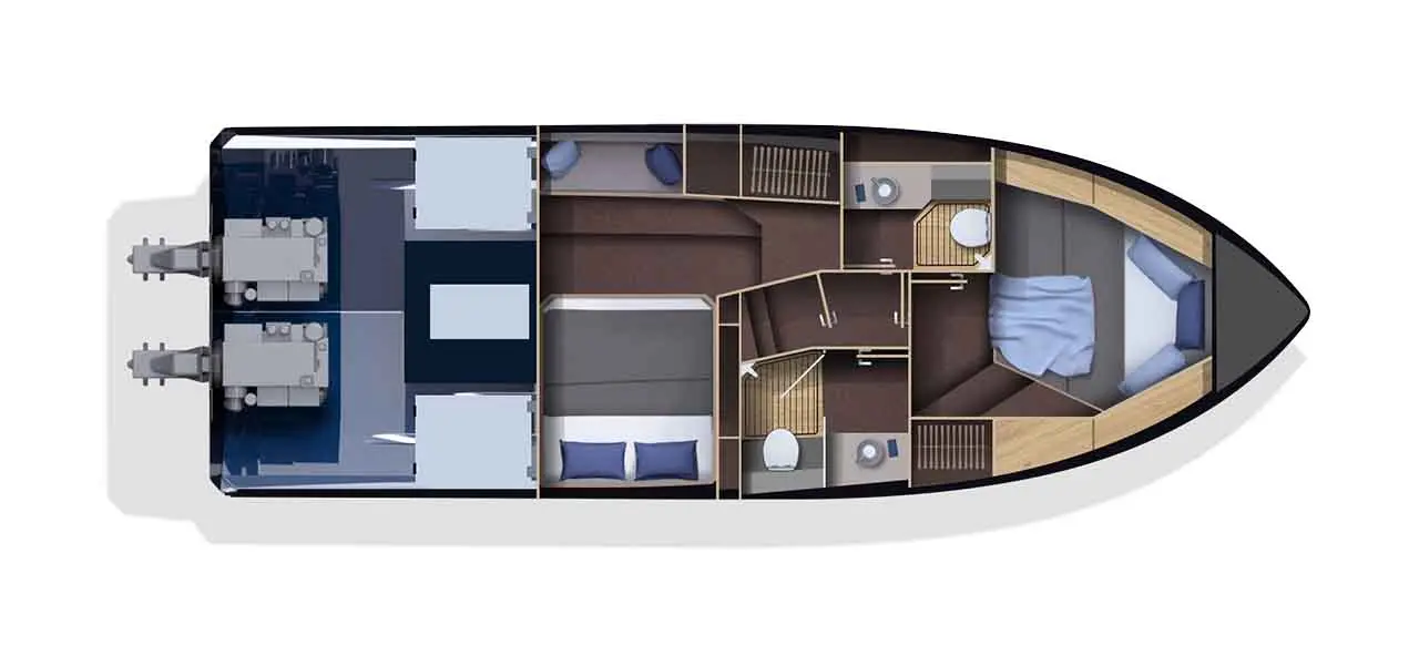 Floor plan of a luxury boat featuring two cabins, bathrooms, and a lounge area with modern furnishings and decor.