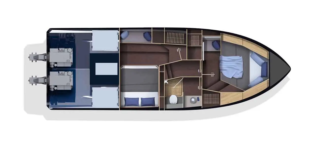 Top-down layout of a boat interior featuring two cabins, a bathroom, and living areas with modern furnishings and two engines.