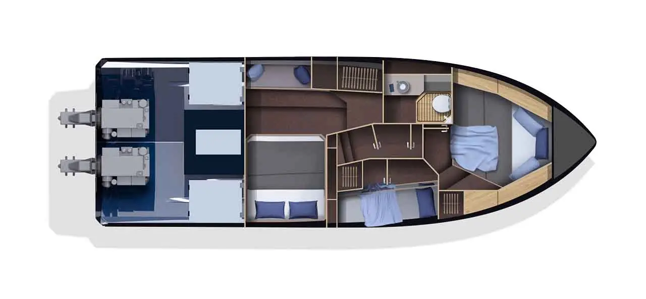 Layout of a boat interior featuring a bedroom, bathroom, and seating areas with gray and blue bedding.