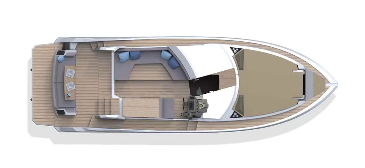 Top view of a modern boat interior with seating, a steering console, and wooden flooring, showcasing a sleek design.