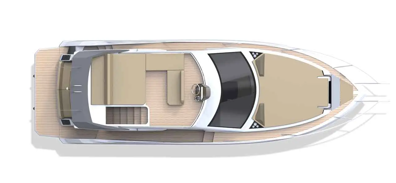 Top view of a sleek motorboat featuring a spacious deck, seating area, and steering console, showcasing luxury design elements.