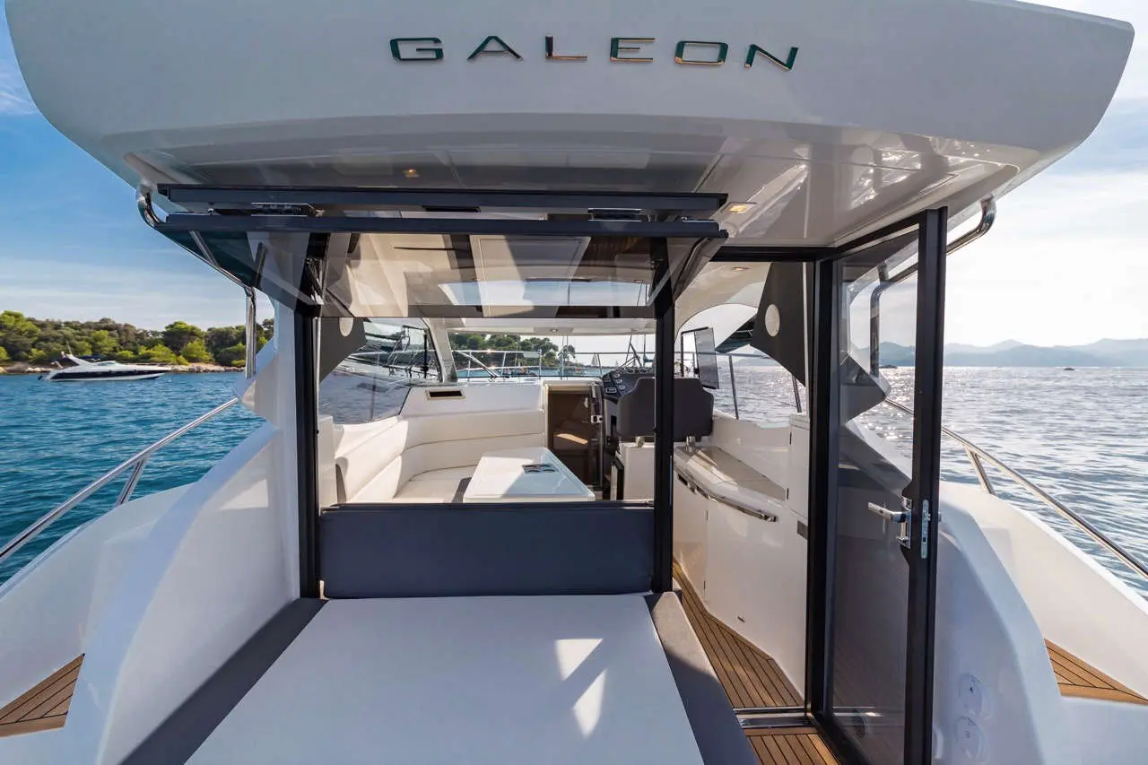 Interior view of a modern yacht with the name 