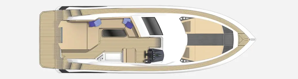 Top view of a sleek boat featuring wooden decking, two blue seats, and a console with controls. Ideal for leisure activities.