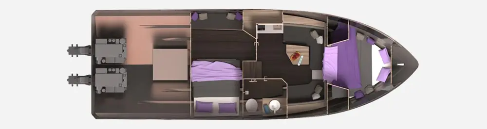 Boat interior layout featuring two bedrooms with purple bedding, a living area, and a compact galley space.