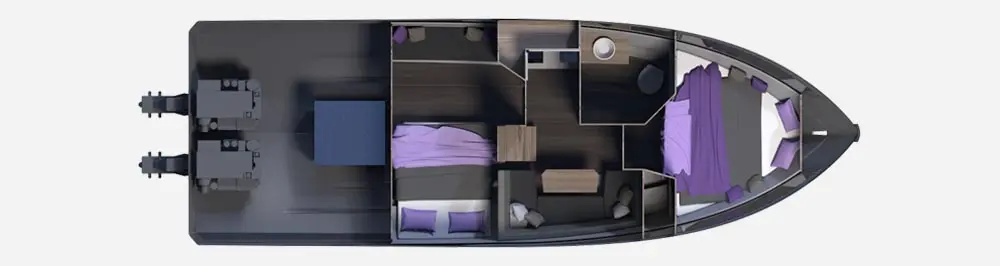 Top-down view of a modern boat interior featuring two cabins, a dining area, and twin engines at the rear.
