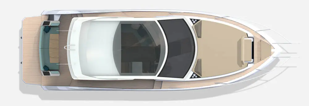 Bird's-eye view of a sleek motorboat featuring a spacious deck, cushioned seating, and a modern cabin design.