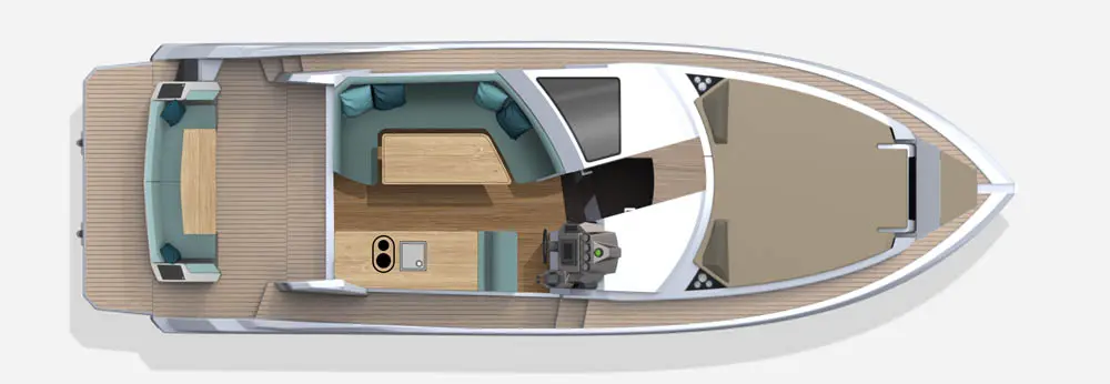 An overhead view of a modern yacht deck featuring seating areas, a wooden table, and a boat control console.