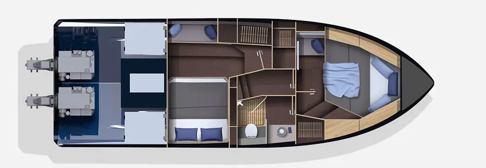 Interior layout of a modern yacht, featuring cabins, seats, a galley, and bathrooms. Detailed marine design elements included.