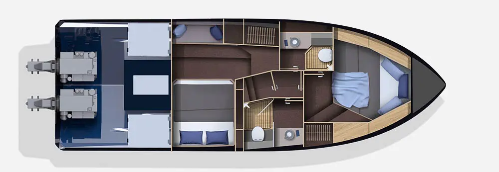 Layout of a boat interior showing a sleeping area, kitchen, two bathrooms, and seating zones with modern design elements.