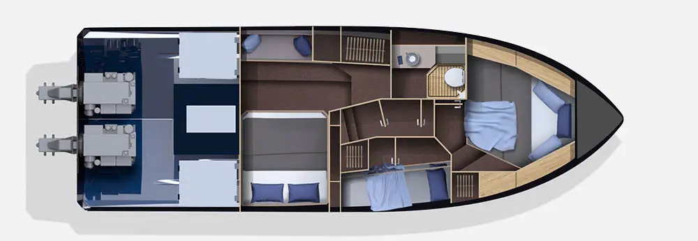 Top-down view of a boat's interior layout, featuring living spaces, a kitchen, and two bathrooms, with detailed compartments.