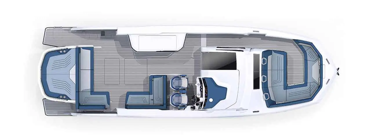 Top view of a boat interior showing seating areas, a steering console, and a layout designed for leisure.