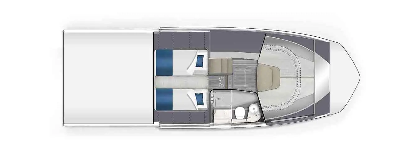 Top view of a boat interior layout featuring two beds, a seating area, and a bathroom. Blue and gray color scheme.
