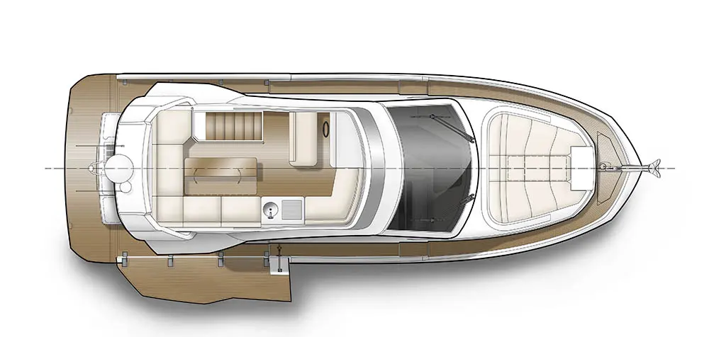 Top-down view of a sleek boat design featuring a spacious cabin and seating area, with light-colored upholstery and wood elements.