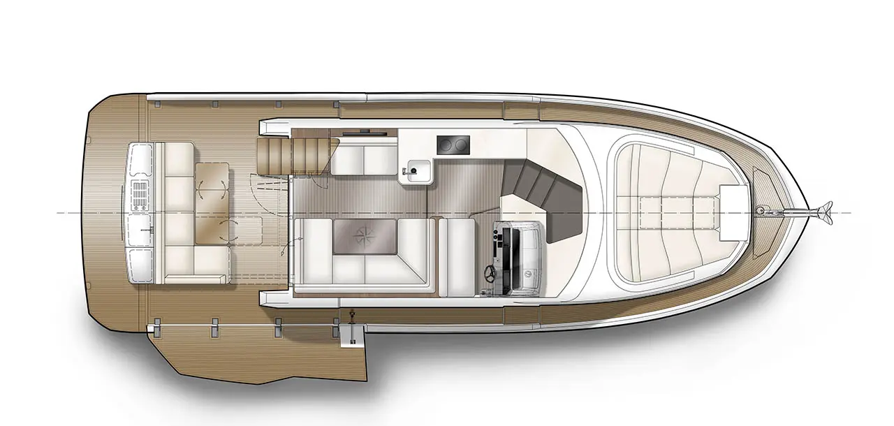 Top view of a modern boat layout featuring seating areas, a helm station, and outdoor spaces on wooden decking.