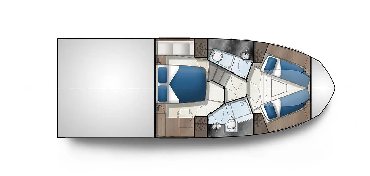 Top-down view of a boat's interior layout featuring sleeping areas, bathrooms, and a central hallway design.