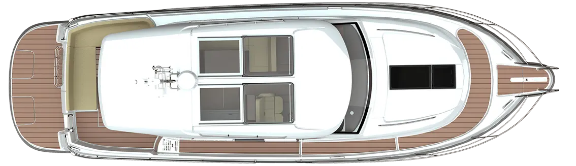 Top view of a sleek white boat with a spacious deck and windows, showcasing modern design and comfortable seating.