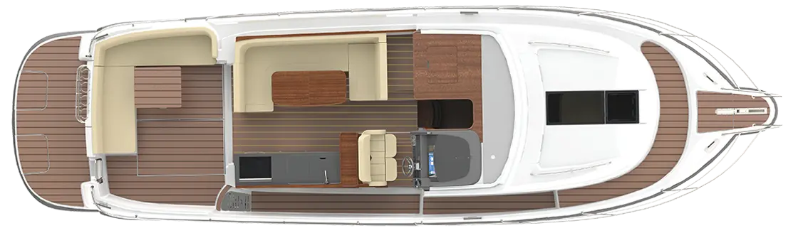Top-down view of a modern motorboat interior featuring seating, a dining area, and a helm with navigation equipment.