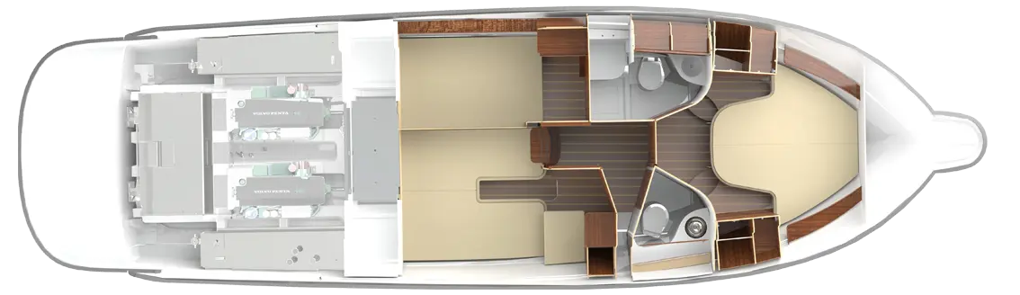Interior layout of a boat featuring seating areas, kitchen, and two bathrooms, with engine compartments at the rear.