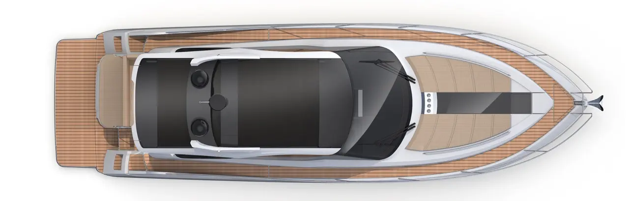 Aerial view of a sleek motor yacht featuring a spacious teak deck, streamlined design, and modern cockpit with twin gauges.