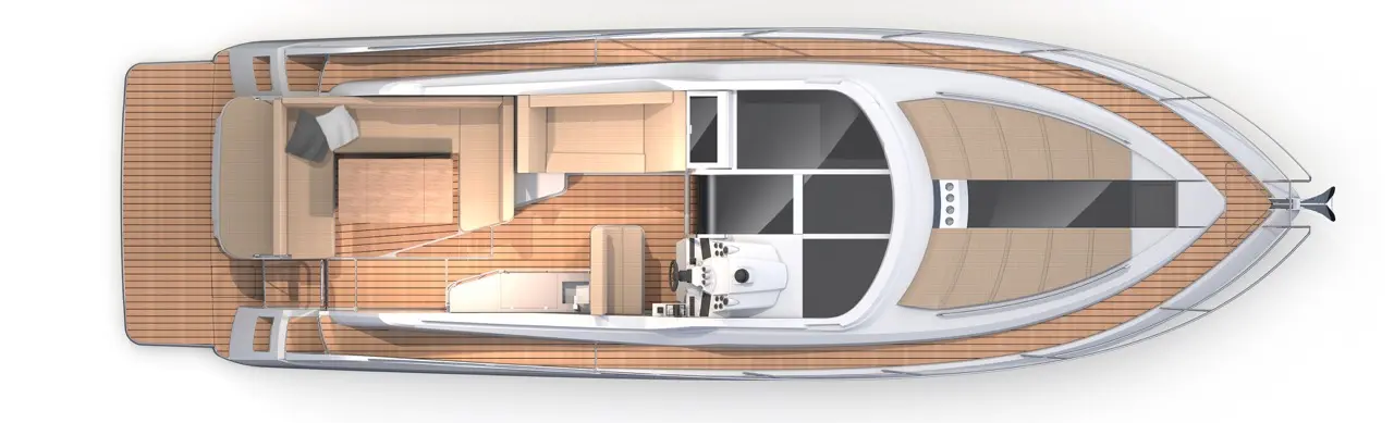 Top view of a luxury motorboat interior featuring a seating area, helm, and wooden deck detailing.