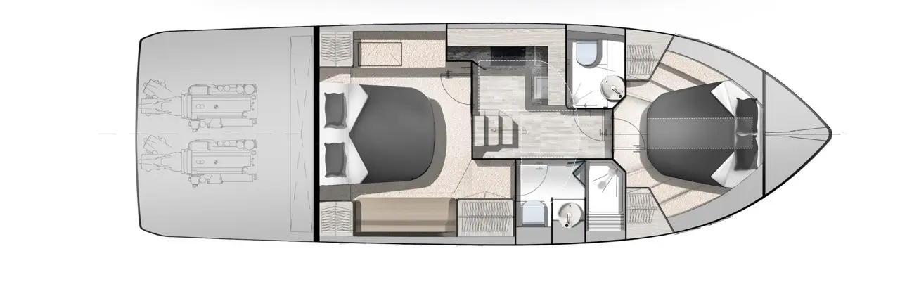 Layout of a boat interior showing two bedrooms, bathrooms, a living area, and a kitchen space.