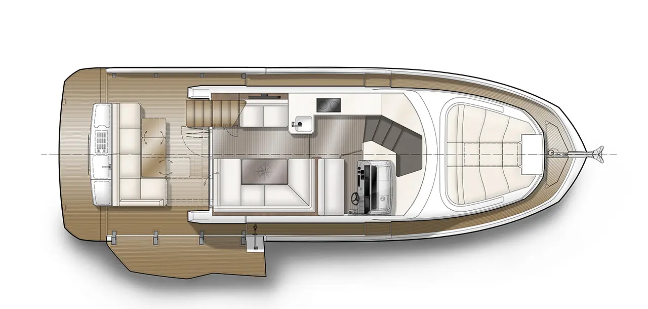 Top view of a modern boat layout featuring seating areas, a helm, and kitchenette; includes various furniture placements.