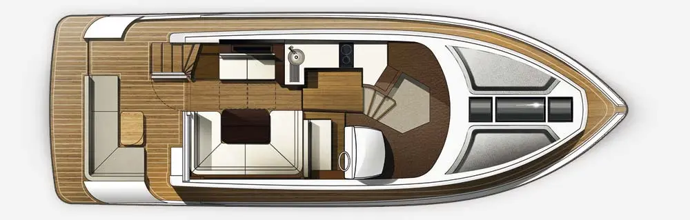 Top view of a modern boat interior featuring a living area, kitchen, and bathroom, with wooden flooring and furniture layout.