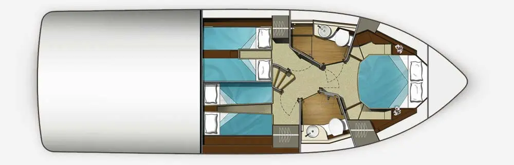 Boat layout featuring two cabins, a central dining area, steps, and two bathrooms with text indicating different rooms.