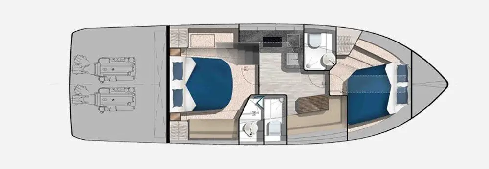Top view layout of a boat interior featuring two bedrooms, a kitchen area, and seating arrangements.