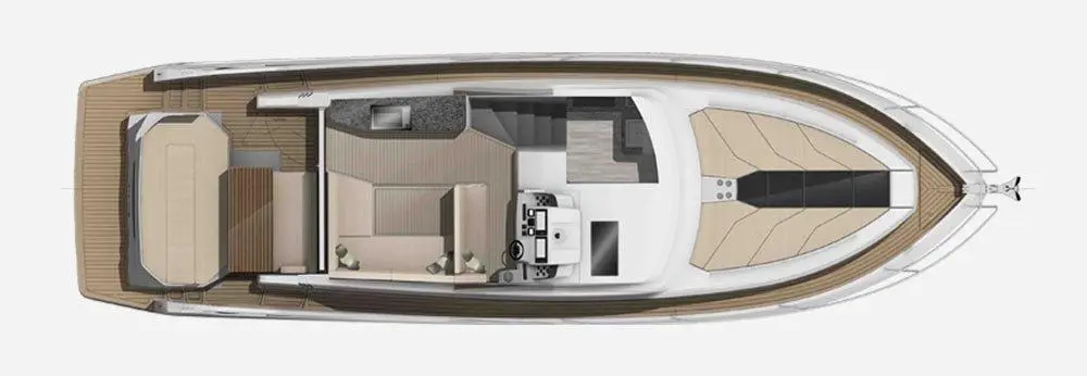 Top view of a luxury yacht interior, featuring seating, a dining area, and a helm station with modern design elements.