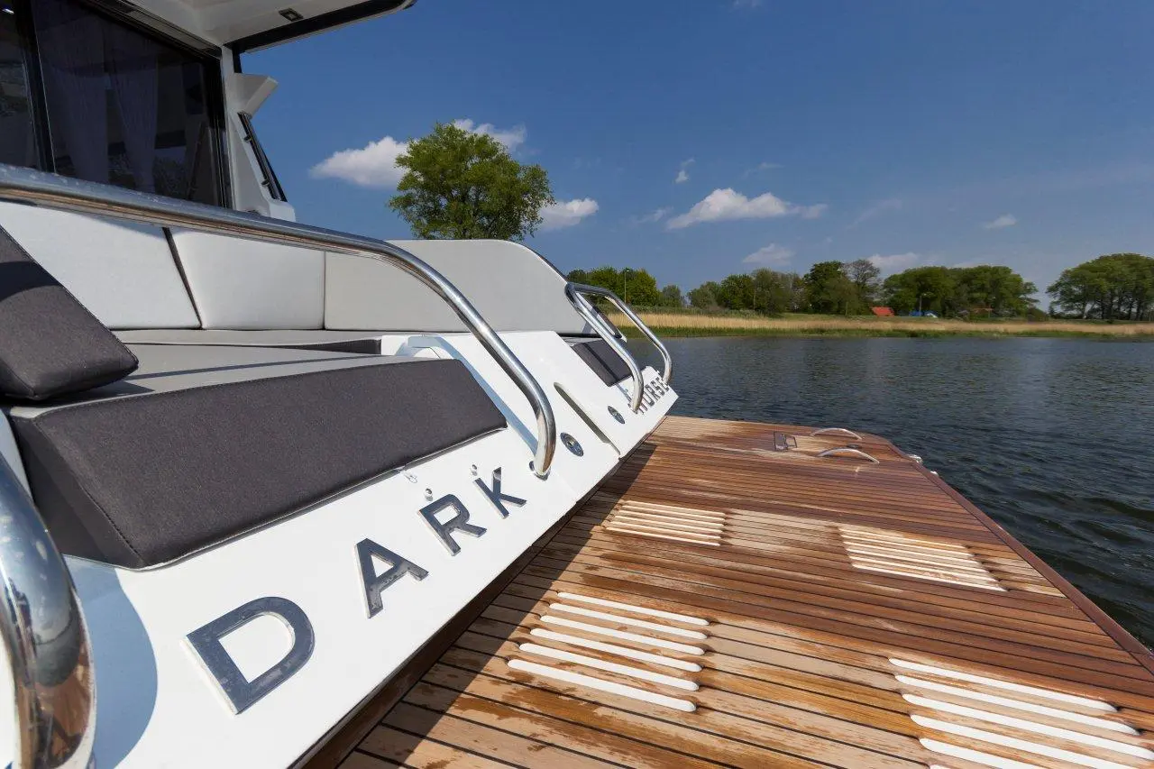 Side view of a luxury boat named 