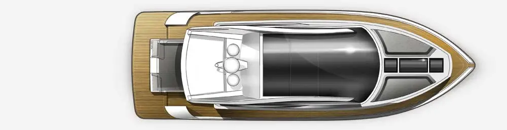 Top view of a sleek motor yacht with a black hull and light wood deck, showcasing modern design features and layout.