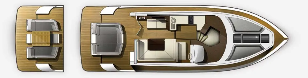 Top view of a modern boat layout featuring a seating area, galley, and helm with a wooden floor and stylish design.